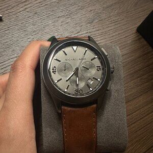 Michael Kors Gareth Gunmetal-Tone Leather-Band Watch